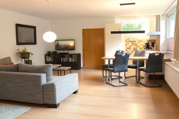 Offener Wohnraum mit grauem Sofa, Esstisch mit Stühlen und angrenzender Küche, Fenster an der Seite.