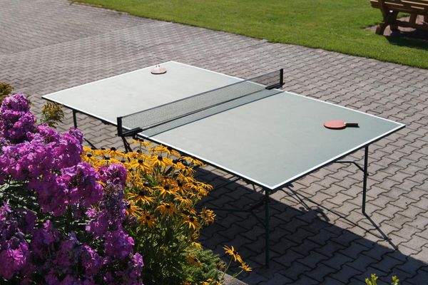 Auf einer gepflasterten Fläche steht eine Tischtennisplatte vor einem Beet mit bunt blühenden Blumen. Auf der linken und rechten Seite der Platte liegen Tischtennisschläger.