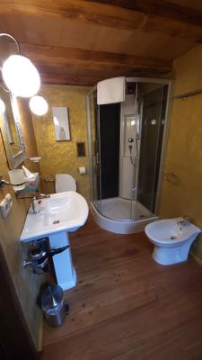 Badezimmer im Holzhaus mit Rundeckdusche, WC, Bidet sowie einem Waschbecken mit Untersäule und Spiegel darüber.