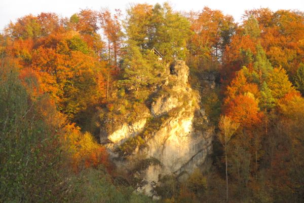 Inmitten des farbenfrohen Herbstwaldes erhebt sich eine Felswand, die von der Abendsonne angestrahlt wird.