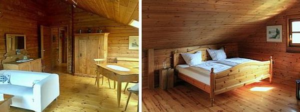 Wohnbereich mit Sitzmöglichkeiten, Schlafzimmer mit Doppelbett