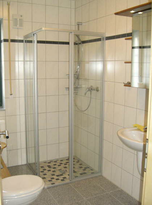 Badezimmer mit Dusche und WC. Über dem Waschbecken befindet sich ein beleuchteter Spiegelschrank mit Ablage.