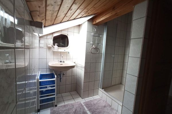 Unter einer holzvertäfelten Dachschräge mit Dachfenster befindet sich ein hell gefliestes Bad mit Dusche, Waschbecken und Spiegel. Ein weißes, halbhohes Rollenregal mit drei blauen Lochschubläden steht neben dem Waschbecken.