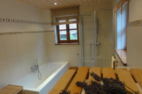 Badezimmer mit Dusche, Badewanne, zwei Sprossenfenster samt Innenrollo, Holzdecke mit Strahlern sowie einem Holzhocker und einer Holzablage.
