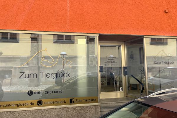 Auf dem Bild ist das Logo von Zum Tierglück auf dem Schaufenster zu sehen.
