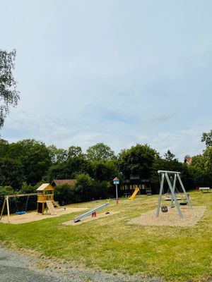 Das Bild zeigt den Spielplatz in Guttenberg. Man sieht diverse Spielmöglichkeiten: Wippe, Federwippe, Rutsche, Schaukel, Kletter- und Spielturm, Rutsche, Karussell.