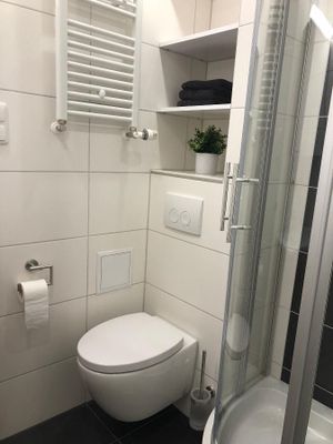 Ein Badezimmer mit einer Rundeckdusche, einem WC und einem Handtuchheizkörper. Über dem WC befinden sich Wandablagen.