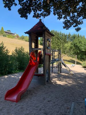 Das Bild zeigt den Spielplatz in Lauenstein. Es gibt einen Kletterturm mit Rutsche, eine Federweippe, Schaukel.