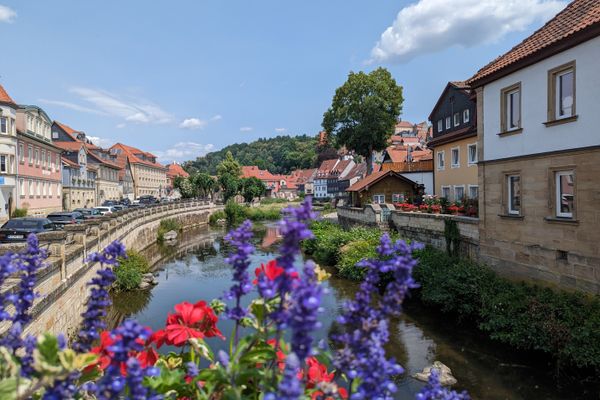 Das Bild zeigt den Blick von einer Brücke aus auf den Fluss Haßlach, sowie die Altstadt Kronach im Hintergrund. Im Vordergrund sieht man diverse Blumen.