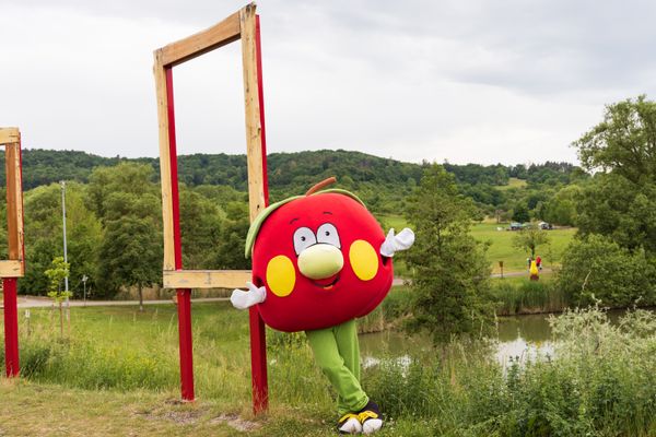 Apfelmaskottchen lehnt am Landschaftsbilderrahmen