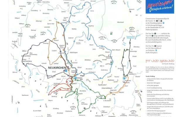 Nordic-Walking-Streckenkarte für Neukirchen. Auf der rechten Seite sind die einzelnen Touren beschrieben, darunter findet man eine allgemeine Noric-Walking-Information.