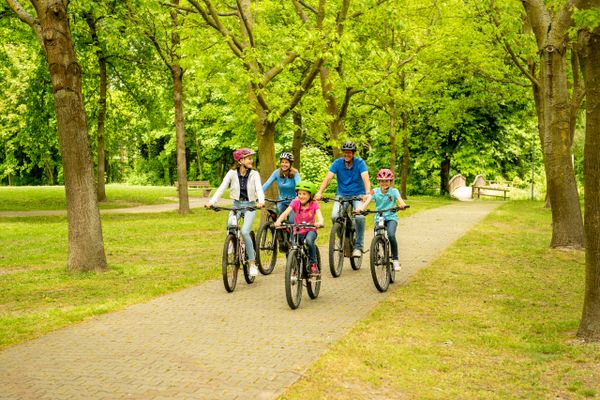 Radfahrer auf Weg, links und rechts Wiese mit Bäumen am Kurpark am See