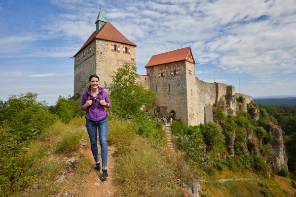 Wandernde vor Burg Hohenstein