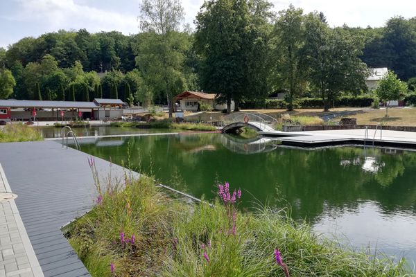 Ein naturnah angelegtes Schwimmbad mit bepflanzten Grünflächen bis ans Wasser und einer Brücke über die Becken hinweg. Dahinter ist eine langgezogener Bau und ien separtes Haus zu sehen, bevor der Wald beginnt.
