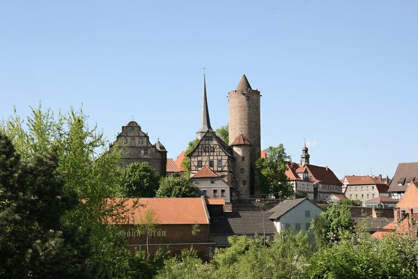 Über grüne Büsche und Bäume hinweg ist die markante Silhouette der Burgenstadt Schlitz zu sehen. Zentral ist der zylindrische Hinterturm mit seiner kegelförmigens Spitze, links daneben ein spitzer Kirchturm, vor dem sich ein hohes Fachwekhaus erhebt. Zur rechten ist ein weiterer Kirchturm hinter einigen Fachwerkhäusern sichtbar, zur Linken ein steinerner Giebel mit geschwungener Ortgang und Türmchen.