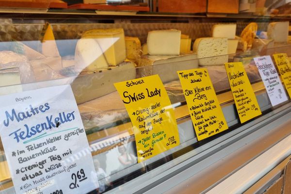Theke mit verschiedenen Käsesorten und handgeschriebenen gelben Preisschildern in einem Marktstand