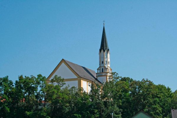Fast verdeckt von hohen Laubbäumen ist die Kirche St. Petrus in Mallersdorf-Pfaffenberg mit viereckigem Turm, achteckigem Überbau und Spitzdach.