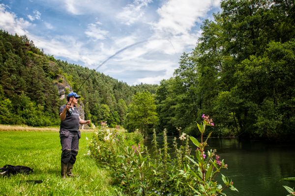 Ein Fischer steht in einer Wiese und wirft seine Angel aus.