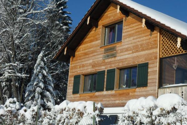 Holzvertäfeltes Haus mit grünen Fensterläden unter blauem Himmel, umgeben von schneebedeckten Sträuchern und Bäumen