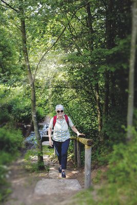 Inmitten dichter Büsche und Bäume führen Schrittsteine über einen kleinen Bach. Eine Wandererin hat diesen gerade gequert und läuft nun einen Hang empor.
