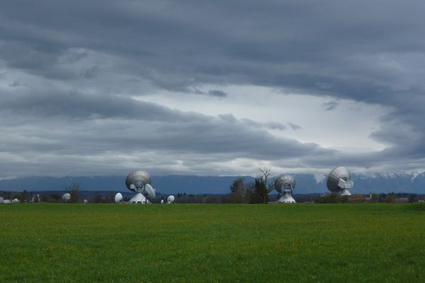 Die riesigen Antennen, die mitten auf der grünen Wiese stehen, wirken fast unwirklich.