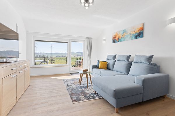 Wohnzimmer mit einer blauen Couch un deinem Wohnzimmertisch; Wohnwand mit TV. An der Wand hängt ein buntes Bild; aus dem Fenster kann man in den Garten sehen.
