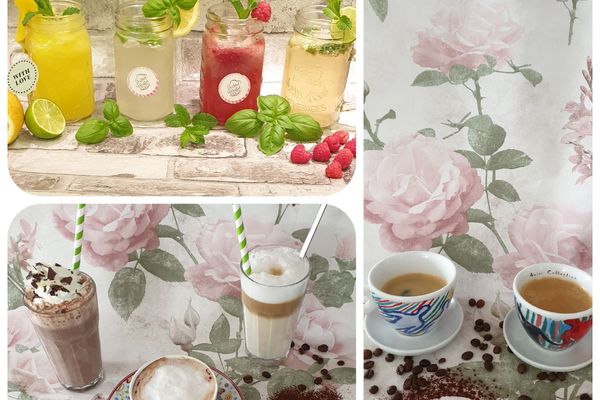 Auf dem Bild sind 3 verschiedene Bilder zu sehen. Auf einem sind verschiedene Kaffeespezialitäten zu sehen. Auf dem anderen Bild sind verschiedene Limonaden zu sehen. Auf dem letzten Bild (auf der rechten Seite) sind Tee´s zu sehen.