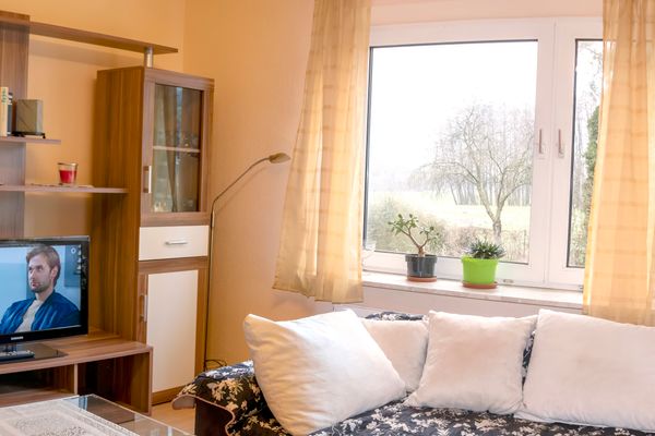 Das Bild zeigt ein gemütliches Wohnzimmer mit einem Glastisch, einem blumigen Sofa und einem Holzregal mit einem Fernseher. Tageslicht fällt durch ein Fenster mit gelben Vorhängen.