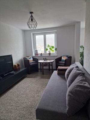 Wohnzimmer mit Schlafcouch und Sitzecke