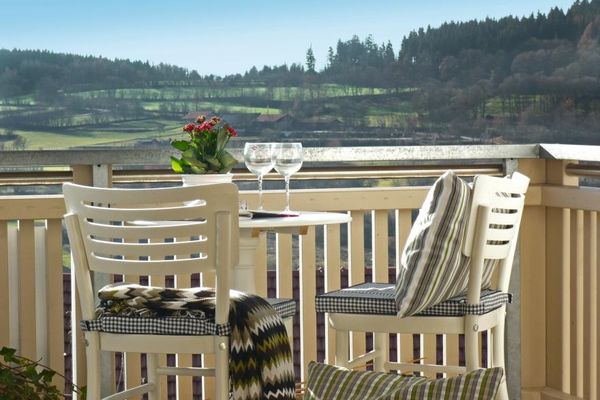 Auf einem Balkon mit hellem Holz stehen zwei weiße Stühle mit karierten Sitzauflagen vor einem runden Tischchen. Darauf befinden sich zwei Weingläser und ein Blumentopf. Im Hintergrund ein wunderbarer Blick auf die hügelige Wiesen- und Waldlandschaft.