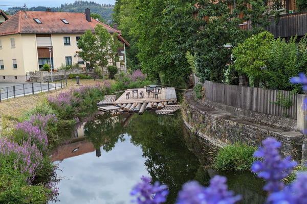 Auf dem Bild sieht man ein Holz-Floss auf dem Fluss in Friesen. Im Hintergrund sieht man einige Häuser des Ortes.