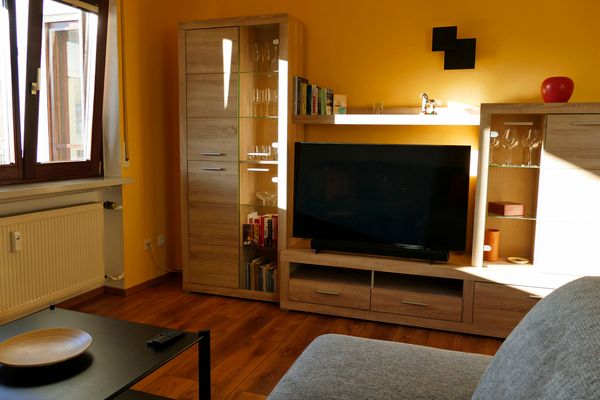 Wohnzimmer der Ferienwohnung Hirtenberg mit Wohnwand und Flachbildschirm