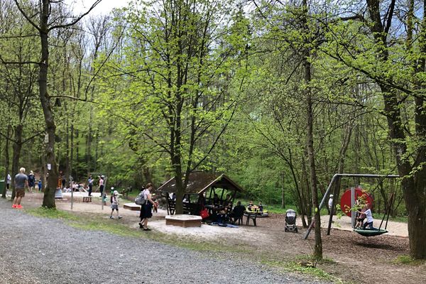 Ein Spielplatz im Wald mit einer überdachten Sitzgarnitur aus Holz, Nestschaukel, Wipptieren, Sankästen und vielen anderen Spielgeräten. Einige Erwachsene und Kinder sind auf dem Spielpaltz unterwegs.