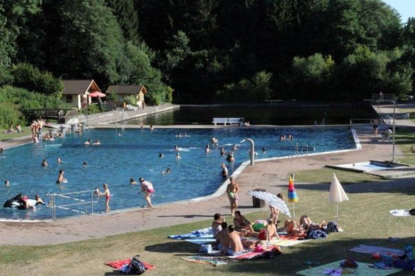Im Edelstahlschwimmbecken und auf der schattigen Liegewiese tummeln sich die Badegäste. Am Sprungbrett steht sprungbereit ein mutiger Schwimmer. Im Hintergrund lädt das Naturschwimmbecken ein ins kühle Nass.