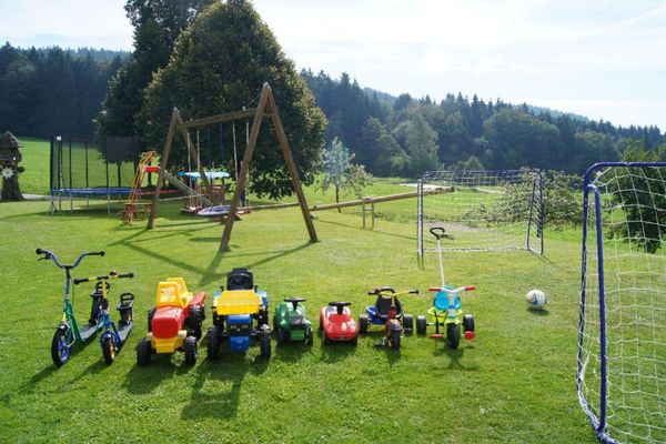 Rasenspielplatz mit Trampolin, Schaukelgerüst, Wippe und Toren. Im Hintergrund erstreckt sich der Wald. Vor den Spielgeräten stehen acht verschiedene, ordentlich aufgereihte Kinderfahrzeuge.