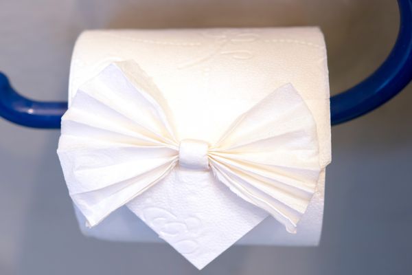 Nahaufnahme einer weißen Toilettenpapierrolle, die auf einem dunkelblauen Metallhalter steckt. Das lose Ende des Papiers ist vorne auf der Rolle zu einer fächerförmigen Schleife gefaltet. Der Hintergrund ist unscharf und grau.