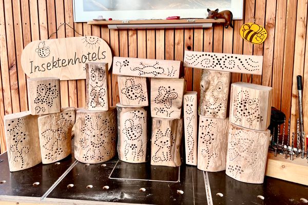 Auf einem Tisch stehen viele selbstgemachte Nisthilfen aus Holz.