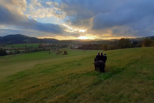 Unter bewölktem Himmel stehen drei Kinder und ein Pony auf einer Wiese und blicken auf einen in der Ferne liegenden Ort und die dahinterliegende weite Hügellandschaft.