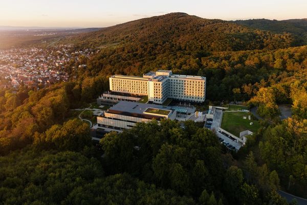 Luftaufnahme eines großen Gebäudekomplexes am Waldrand mit Hügeln im Hintergrund und einer Stadt links im Bild.