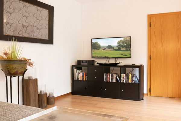Fernseher auf einem dunklen Regal mit Büchern und Dekorationsgegenständen daneben, Tür im Hintergrund.
