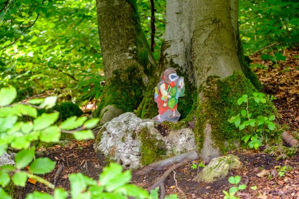 Ein kleiner, gemalter Igel rot gekleidet mit grüner Schürze, Flaschen tragend am Fuß einer Buche.