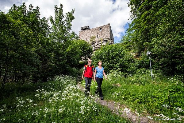 zwei Wanderer stehen vor der Burgruine Epprechtstein.