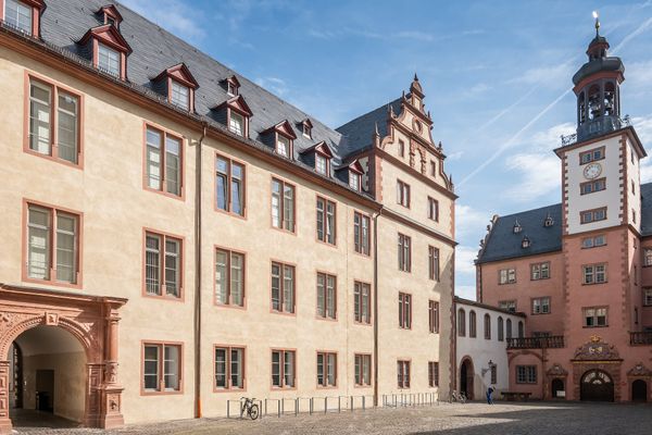 Historisches Residenzschloss mit hohem Turm und steilem Schieferdach bei klarem Himmel