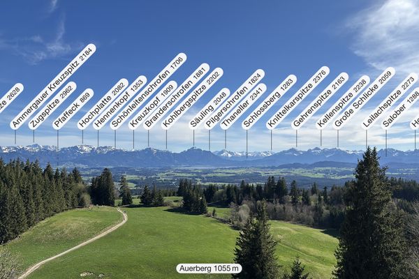 Alpenpanorama von der Aussichtsplattform auf der Kirche St. Georg auf dem Auerberg