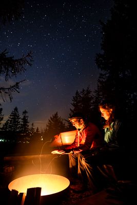 zwei Personen sitzen nachts vor einem Lagerfeuer und wärmen ihre Hände