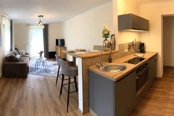 In einem Apartment trennt eine halbhohe Mauer eine graue Küchenzeile mit Holzarbeitsplatte von der Esstheke, an der graue Stühle stehen. Dahinter befindet sich ein graues Sofa, ein runder Tisch auf einem schwarz-weiß gemusterten Teppich und eine Kommode mit einem TV-Gerät. An den Fenstern hängen bodenlange, graue Vorhänge. Ein auffälliges Bild mit einem Pferdemotiv schmückt die Wand.