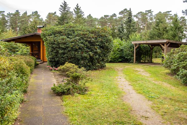 Garten mit gepflastertem Weg, Rasenfläche und einem Holzhaus, daneben ein überdachter Unterstand.
