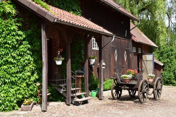 Treckermuseum Außenansicht mit altem Karren mit Blumentöpfen davor