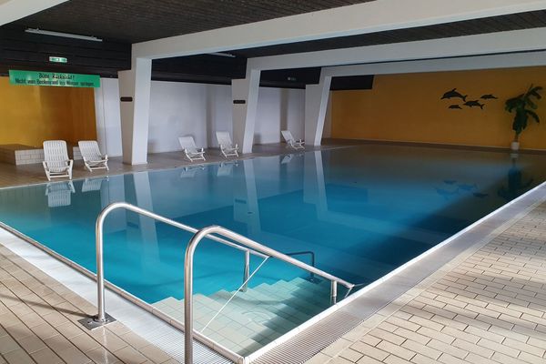 Neben dem Hallenschwimmbecken stehen weiße Liegen. An der gelben Rückwand befinden sich eine Delfinmalerei und daneben eine Grünpflanze.