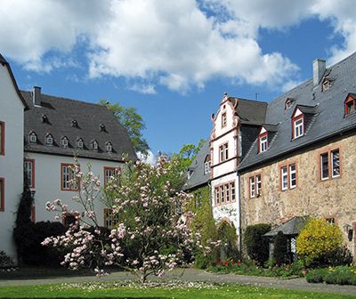 Hinter einem zentralen Magnolienbaum, sind llinks und rechts Teile je eines Gebäude eines alten Schlosskomplexes zu sehen. Der rechte Bau hat einen Markanten Gaubenvorbau mit auffällig geschwungener Stirnseite. Die Häuser sind aus massivem Stein gebaut und haben dunkelgraue Schieferdächer. Der rechte Bau ist bis auf den Gaubenvorbau steinern, alles andere ist weiß verputzt. Alle Fensterleibungen und Kanten sind aus rotem Sandstein. Vor den Häusern sind Rabatten frühlingshaft bunt bepflanzt. Der Himmel ist leicht bewölkt, aber blau.